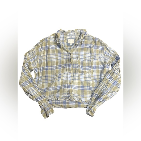 American Eagle Green & Blue Button Up Cropped Shirt Size Medium Girls EUC - Picture 1 of 10